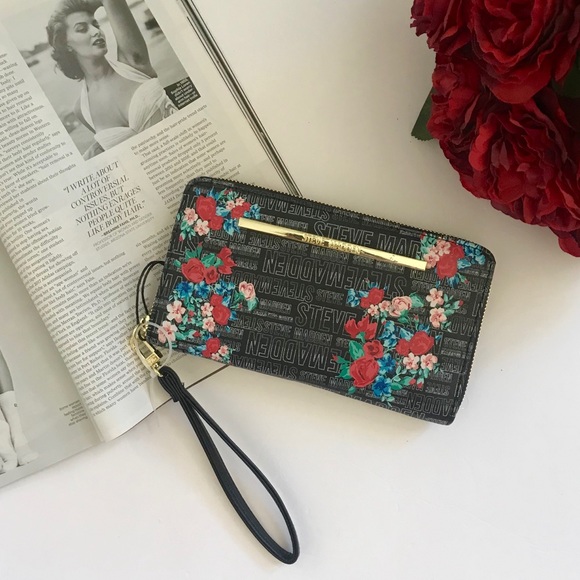Steve Madden Black Logo Floral Wallet Wristlet - Picture 2 of 5